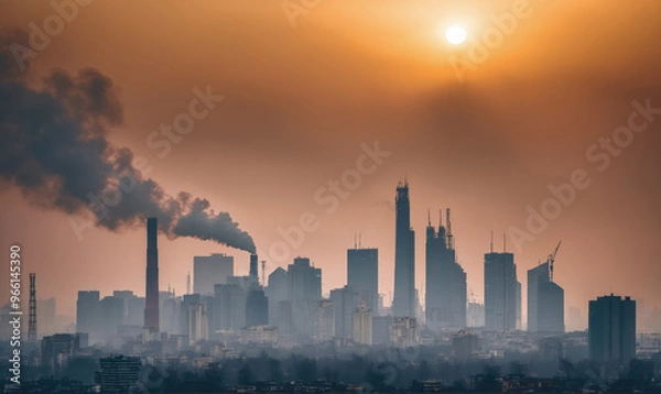 Fototapeta A city skyline with tall buildings and a large plume of smoke from a factory at sunset