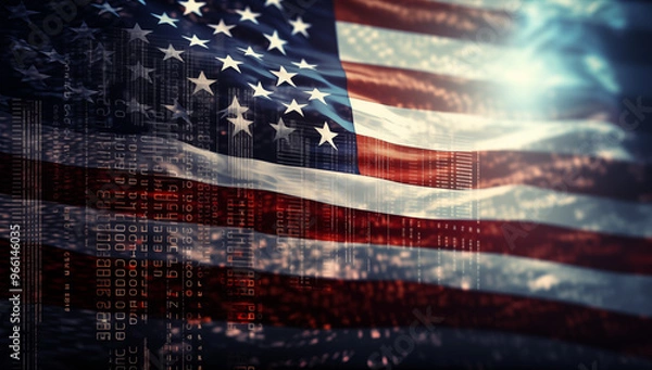 Fototapeta USA flag blends with digital data and binary code, symbolizing the fusion of traditional culture and modern technology in the American tech industry
