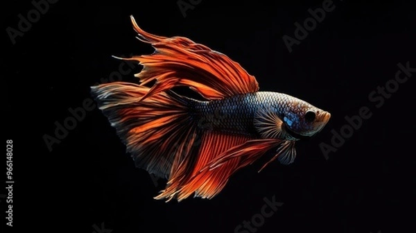Fototapeta A Betta fish with a dramatic display of its fins flaring, set against a simple, dark background to emphasize its bold colors and dynamic movement.