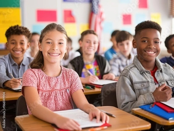 Fototapeta A classroom setting with students learning about government and civic responsibilities