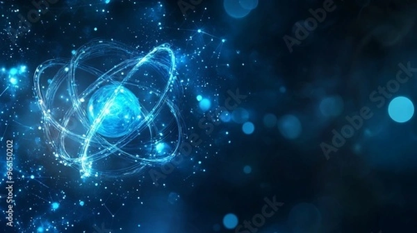 Fototapeta Abstract Futuristic Blue Background with Atomic Model - AI generated illustration