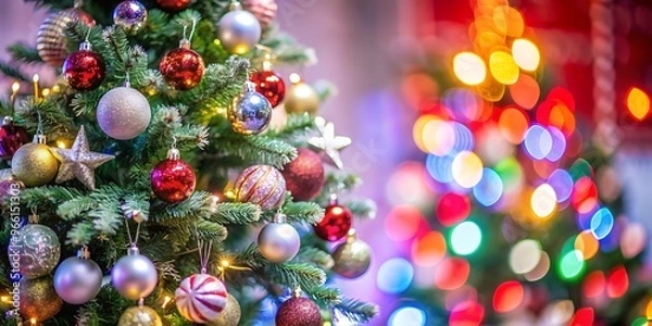 Fototapeta Christmas Tree With Ornament And Bokeh Lights In Red Background