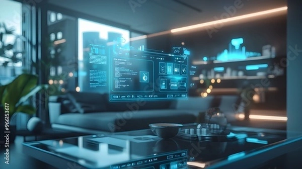 Fototapeta Smart Home Interface with Holographic Display and Modern Interior Design