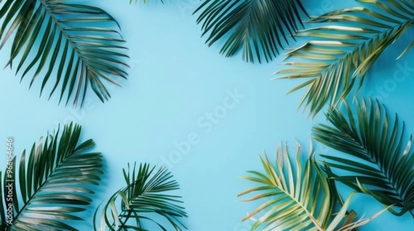 Fototapeta A blue background with palm leaves on it