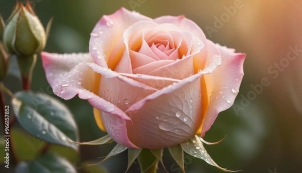Fototapeta Pink Rose with Dew Drops in Soft Light 