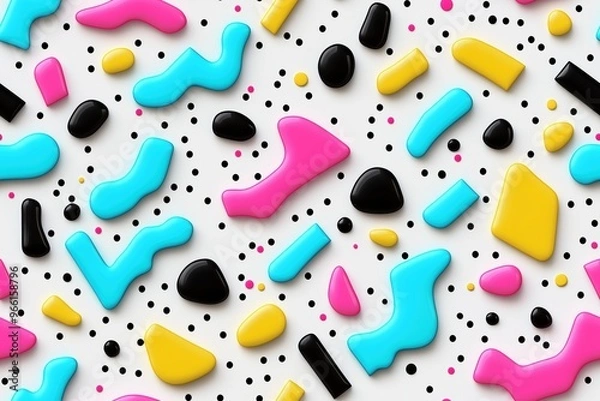 Fototapeta A vibrant and colorful memphis abstract pattern featuring various shapes in pink, blue, yellow, and black against a white background. The design includes smooth, glossy elements arranged playfully.