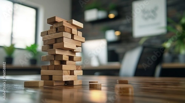 Fototapeta Wooden Jenga Blocks on Office Table with Copy Space Banner Mockup Background. AI generated illustration