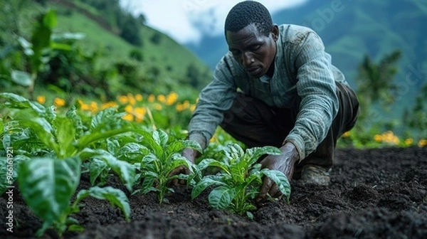 Fototapeta Black man harvest in the field