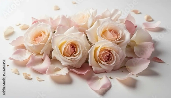Obraz Delicate Pink Roses and Petals on a White Background