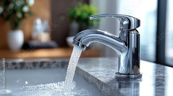 Fototapeta Refreshing Clean: flowing faucet, a refreshing stream of water creates a cascade of droplets, symbolizing the simple pleasure of cleanliness and renewal. 