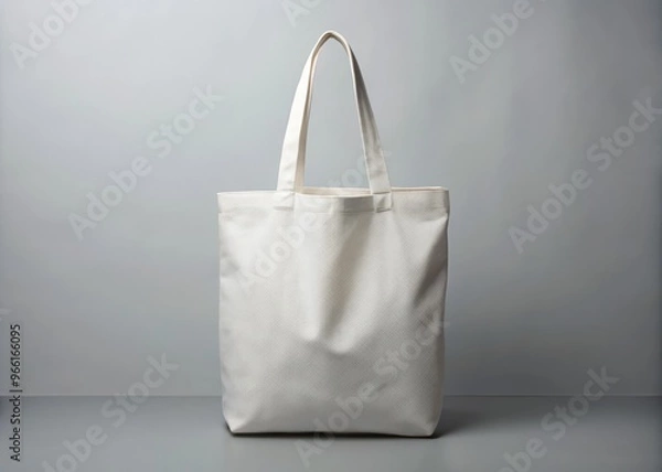 Fototapeta Empty, isolated, white, canvas tote bag with sturdy straps and a magnetic snap closure, perfect for branding, labeling,