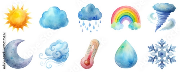 Fototapeta Weather icons including sun, clouds, rain, rainbow, tornado, moon, wind, water drop and snowflake in watercolor illustration set. Each element in soft pastel colors isolated on transparent background