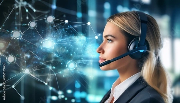 Fototapeta A focused businesswoman wearing a headset and looking intently at a digital network