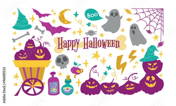 Fototapeta Happy Halloween collection.  Autumn holidays set with ghosts, pumpkins, skull, spider web, potion bottles. Cute llustration flat style on a white background. Vector elements for posters, postcards.