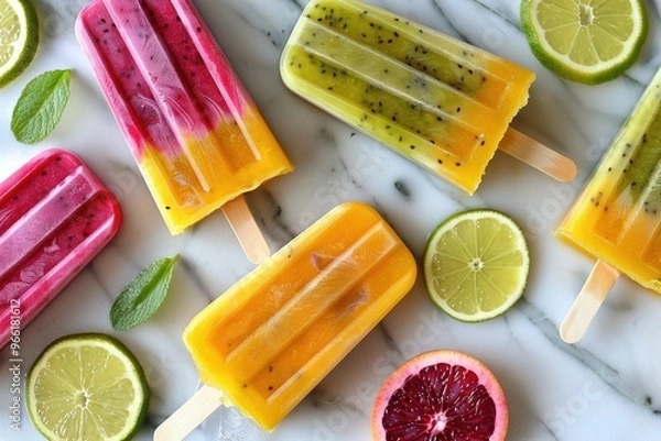 Fototapeta A row of colorful popsicles with lime slices on the side