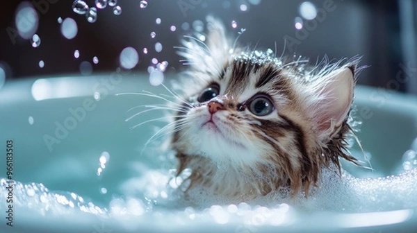 Fototapeta A fluffy kitten in a small tub, covered in bubbles, looking up with wide, curious eyes as water droplets sparkle on its fur.