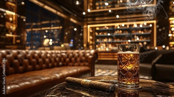 Fototapeta Luxurious cigar lounge with plush seating and dim ambient lighting smoke wafting high detail sharp focus high resolution ultra HD