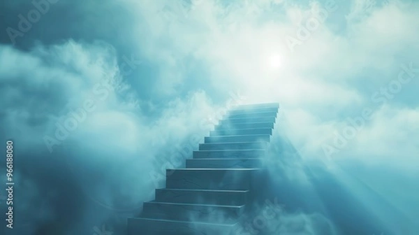 Fototapeta surreal staircase ascending into clouds ethereal light streaming through symbolizing spiritual journey dreamlike atmosphere with soft misty color palette