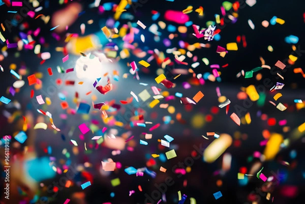 Fototapeta confetti falling over a crowd at a celebration, with the focus on the colorful pieces and the joy of the moment
