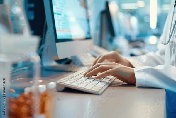 Obraz Medicine doctor working with PC computer at desk in the hospital Closeup of pharmacist's hands typing on a computer keyboard at the pharmacy counter. Photo of a female pharmacist using a computer at t