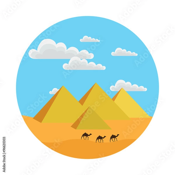 Obraz round icon style flat. it shows the Egyptian pyramids, clouds, sand, camels

