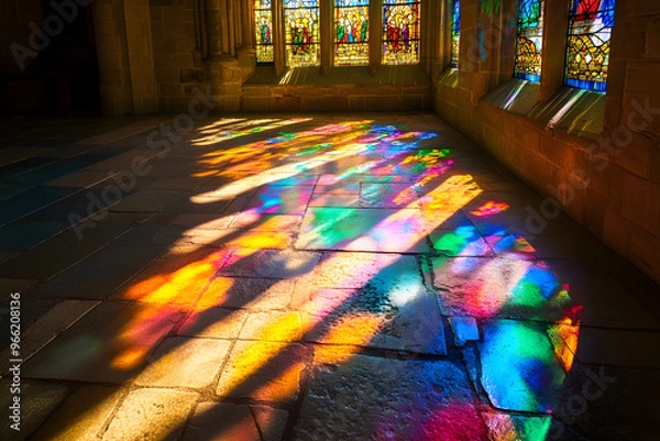 Obraz a stained glass window in an old cathedral, with the sunlight casting colorful reflections on the stone floor