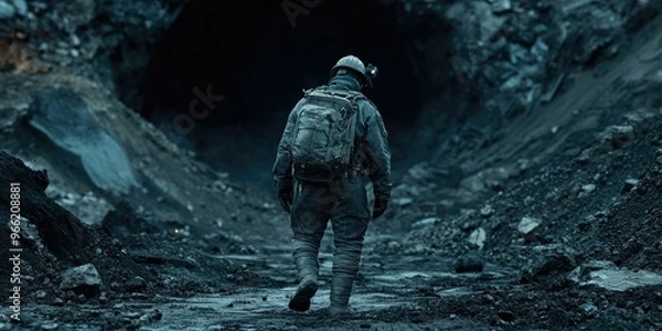 Obraz A miner walking through a dark tunnel in a coal mine during the daytime
