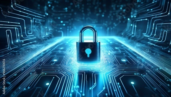 Fototapeta A glowing blue padlock sits on a circuit board, symbolizing cybersecurity and digital protection.