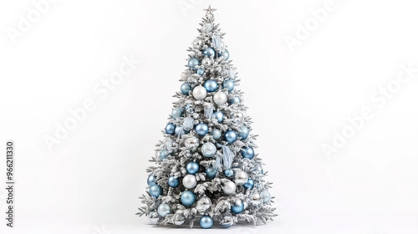 Fototapeta : Full Classic Christmas Tree Decorated with Pinecones and Gold Ribbon – Snowy Flocked Branches with Warm White Lights – Isolated on White Background – Elegant Holiday Decoration – Merry Christmas