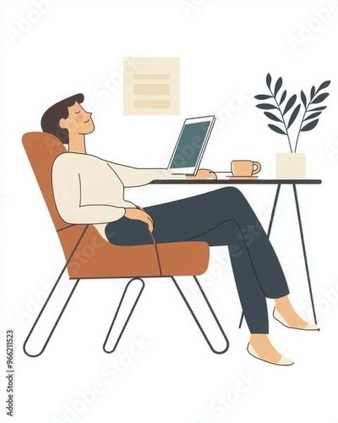 Fototapeta Woman relaxing at a desk with a laptop