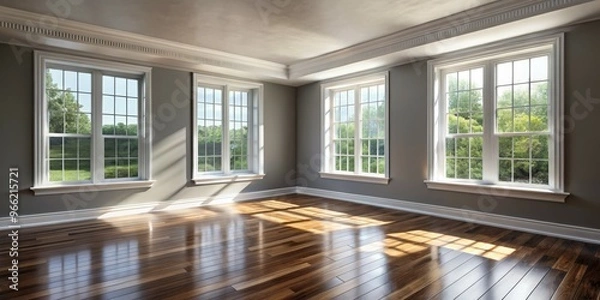 Fototapeta Sunlight Streaming Through Windows in a Modern Room, Hardwood Floors, Window Light, Interior Design, Home Decor