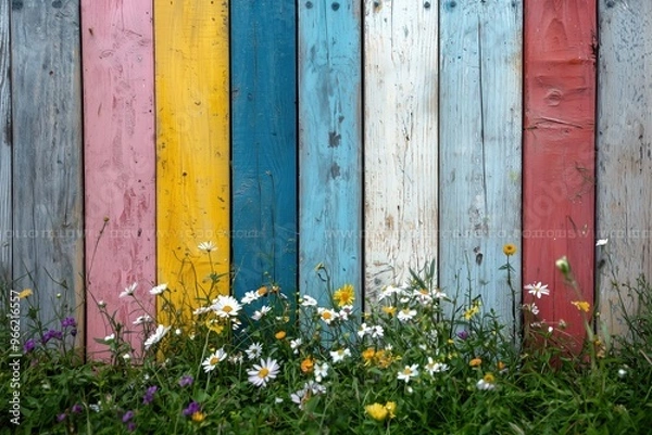 Fototapeta A vibrant wooden fence with vertical stripes in pastel colors, including pink, yellow, blue, and red. In front, a patch of wildflowers with daisies and other colorful blooms adds a natural touch.