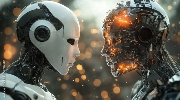 Fototapeta Two contrasting robots face each other intensely