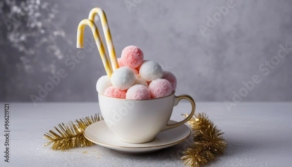 Obraz White Cup Filled with Pink and White Candy Balls with Candy Cane Sticks