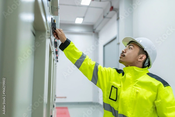 Fototapeta Electrical engineer man checking voltage at the Power Distribution Cabinet in the control room,preventive maintenance Yearly,Thailand Electrician working at company