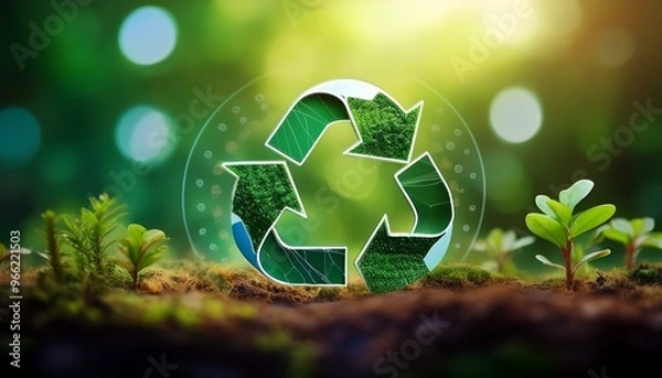 Fototapeta Circular Economy Icon on Nature Background Highlighting Recycling and Reusing Resources for Sustainable Future Business Growth and Environmental Conservation