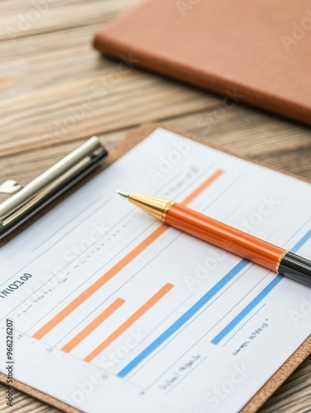Obraz A close-up shot of a clipboard with a business plan, a pen, and a graph. The pen is resting on the graph, suggesting a readiness to analyze and strategize. The graph symbolizes progress, growth, and f