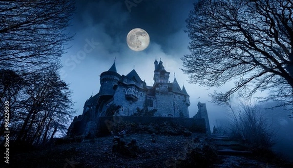 Fototapeta Gothic Haunted Castle at Night with Full Moon and Mist, Eerie Atmosphere, Spooky Medieval Architecture, Forest Setting, Halloween Theme