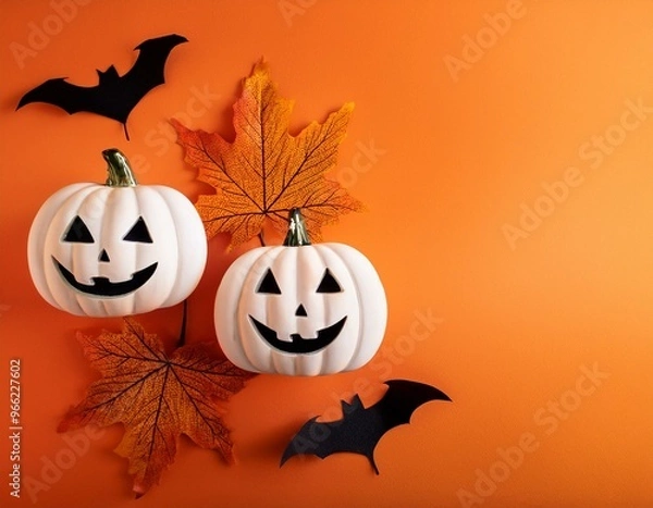 Fototapeta Halloween Jack O Lanterns with Carved Faces on Orange Background with Leaves and Bat Decoration for Festive Autumn Theme