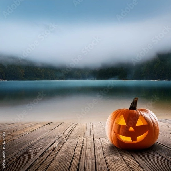 Fototapeta halloween pumpkin on beach with fog, lake seaside scene, horror concept with space for product placement