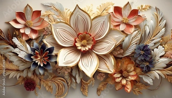 Fototapeta Luxurious Floral Ceiling Decoration, 3D Digital Illustration of Lavish Flower Display on Elegant Wallpaper Background, Perfect for Artistic Interiors and Design Concepts