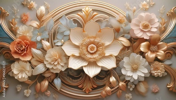 Fototapeta Luxurious Floral Ceiling Decoration, 3D Digital Illustration of Lavish Flower Display on Elegant Wallpaper Background, Perfect for Artistic Interiors and Design Concepts