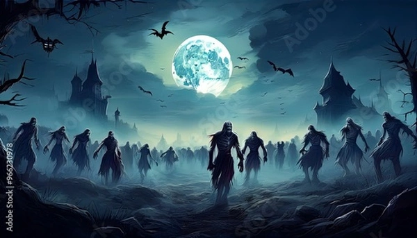 Fototapeta Nighttime Zombie Horde Under Full Moon, Digital Art, Halloween Theme, Spooky Atmospheric Crowd of Zombies Walking in Misty Night, Eerie Horror Concept Illustration
