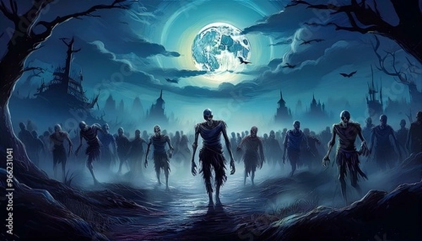 Fototapeta Nighttime Zombie Horde Under Full Moon, Digital Art, Halloween Theme, Spooky Atmospheric Crowd of Zombies Walking in Misty Night, Eerie Horror Concept Illustration