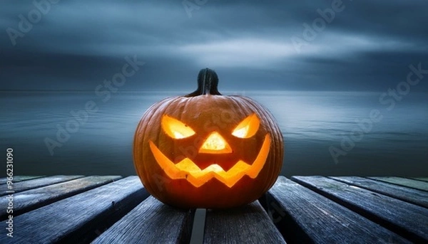 Fototapeta One spooky halloween pumpkin, Jack O Lantern, with an evil face and eyes on a wooden bench, table with a misty gray coastal night background with space for product placement