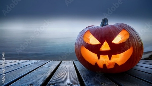 Fototapeta One spooky halloween pumpkin, Jack O Lantern, with an evil face and eyes on a wooden bench, table with a misty gray coastal night background with space for product placement