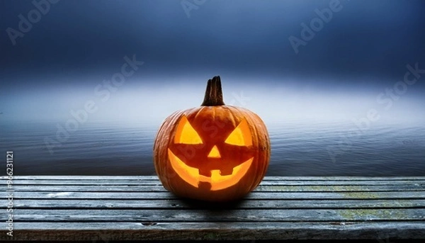 Fototapeta One spooky halloween pumpkin, Jack O Lantern, with an evil face and eyes on a wooden bench, table with a misty gray coastal night background with space for product placement