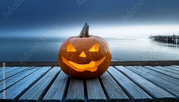 Fototapeta One spooky halloween pumpkin, Jack O Lantern, with an evil face and eyes on a wooden bench, table with a misty gray coastal night background with space for product placement