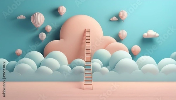 Fototapeta Pastel Skyward Journey with Ladder, Balloons, and Clouds for Growth, Development, and Future Aspirations Concept in Minimal Composition