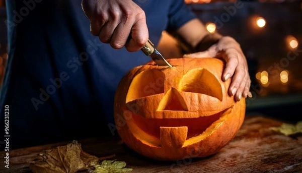 Fototapeta photo of Carving a pumpkin for halloween